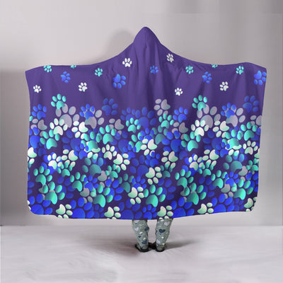 Purple, Teal & Blue Ombre Flying Paw Prints Hooded Blanket