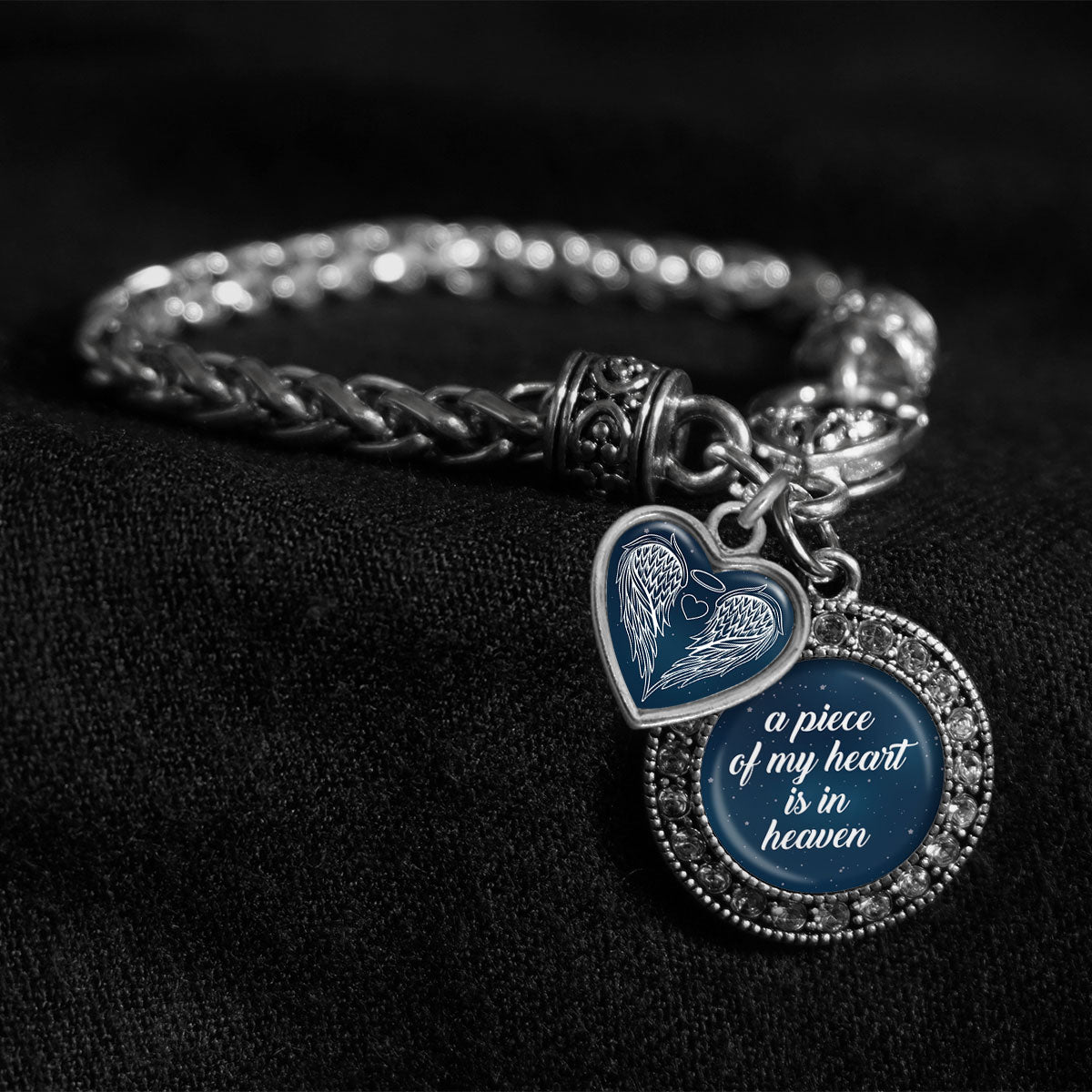 A Piece Of My Heart Is In Heaven Night Sky Silver Braided Clasp Charm Bracelet