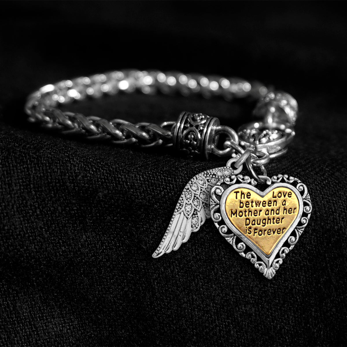 Love Between Mother And Daughter Crystal Wing Engraved Silver Braided Clasp Charm Bracelet