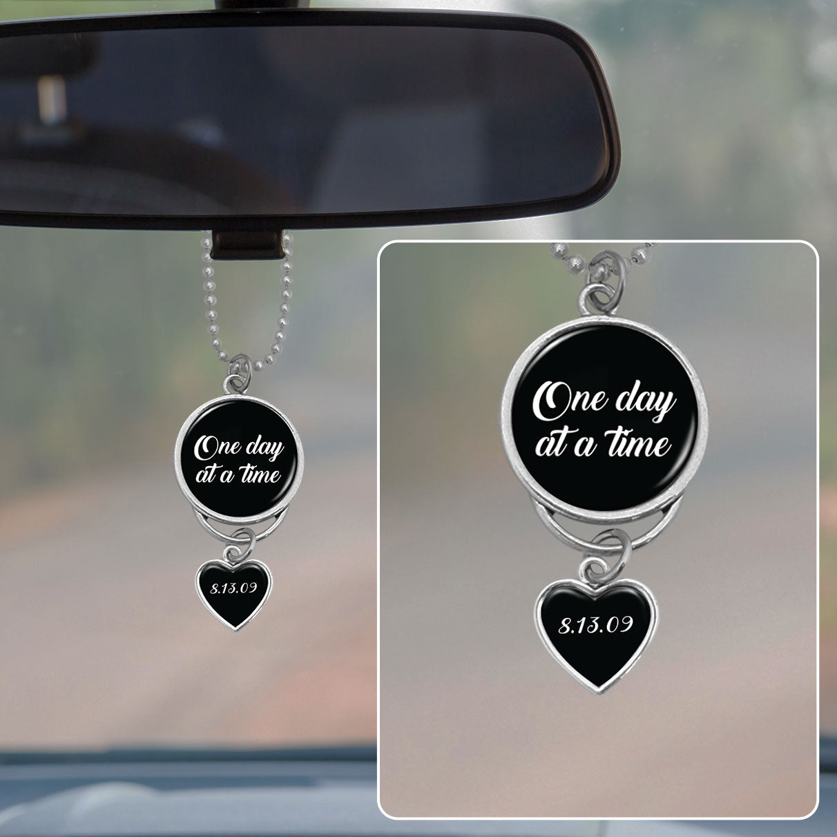One Day At A Time Personalized Sobriety Date Rearview Mirror Charm