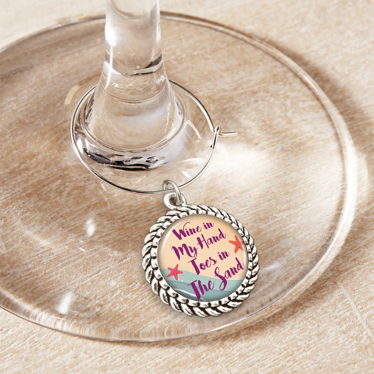 Wine In My Hand, Toes In The Sand Wine Glass Charm