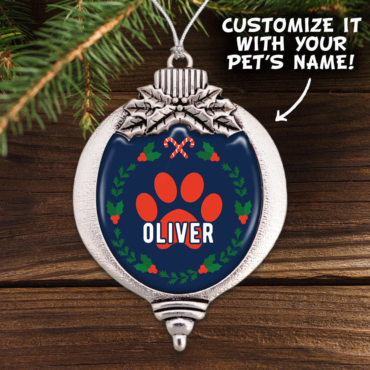 Customizable Pet Name Paw Print Holiday Bulb Ornament