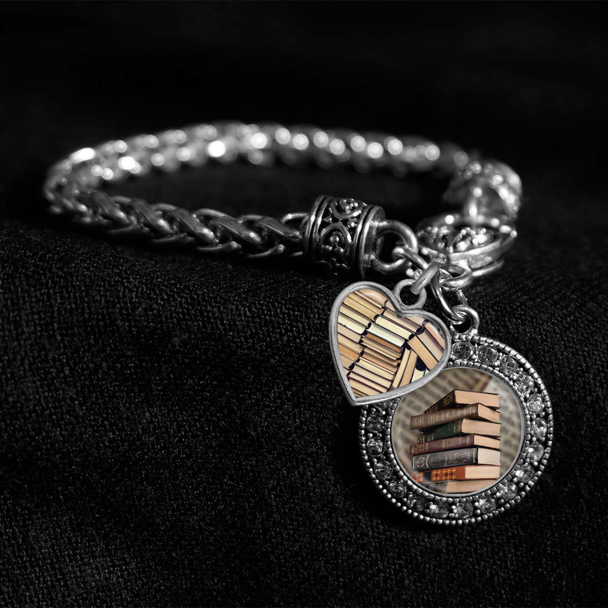 Old Books Silver Braided Clasp Charm Bracelet