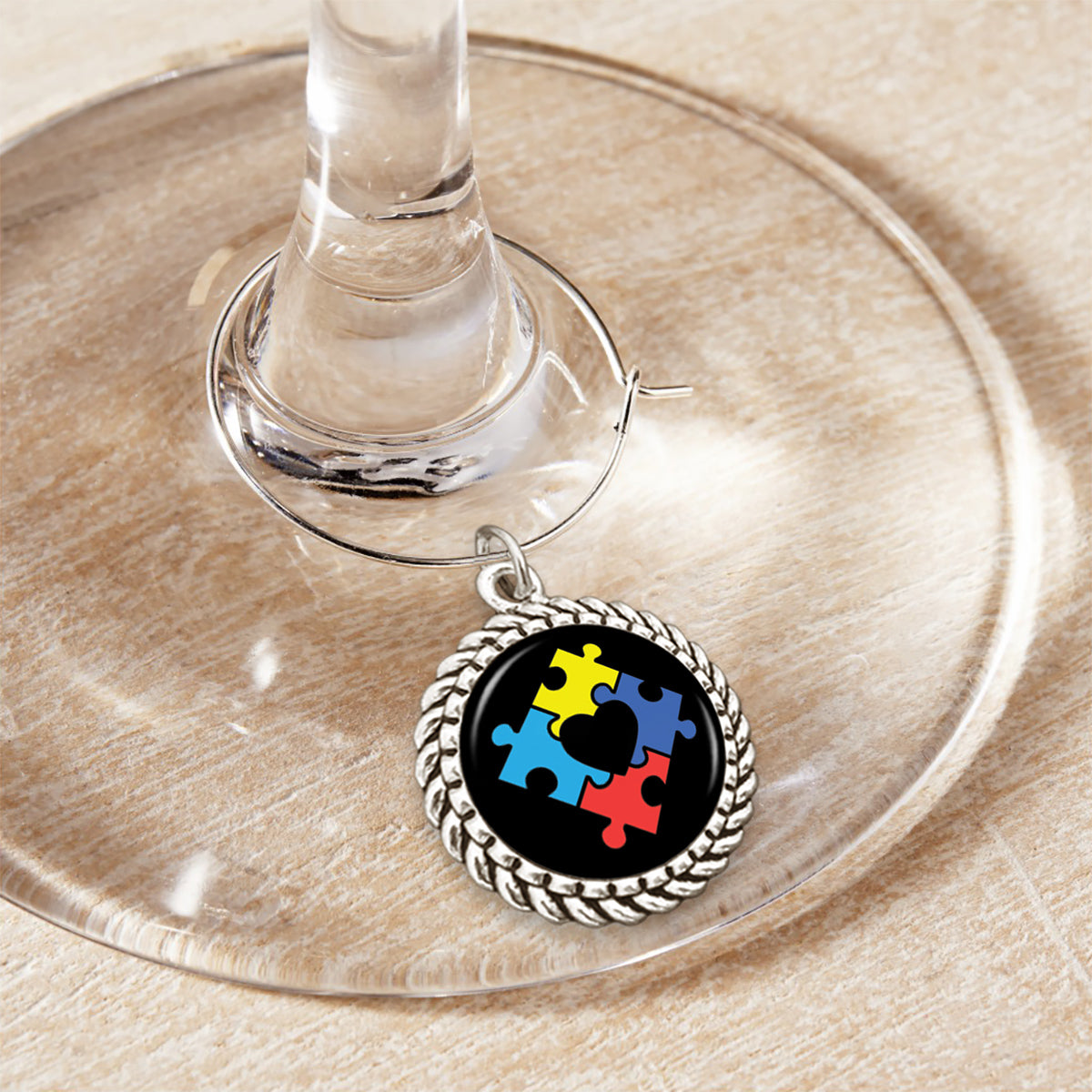 Puzzle Heart Wine Glass Charm