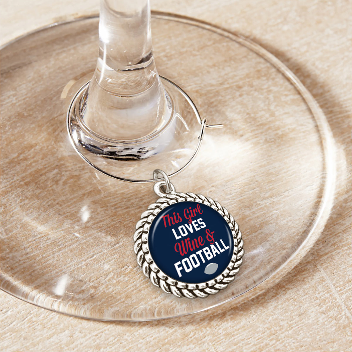 New England This Girl Loves Wine & Football Wine Glass Charm