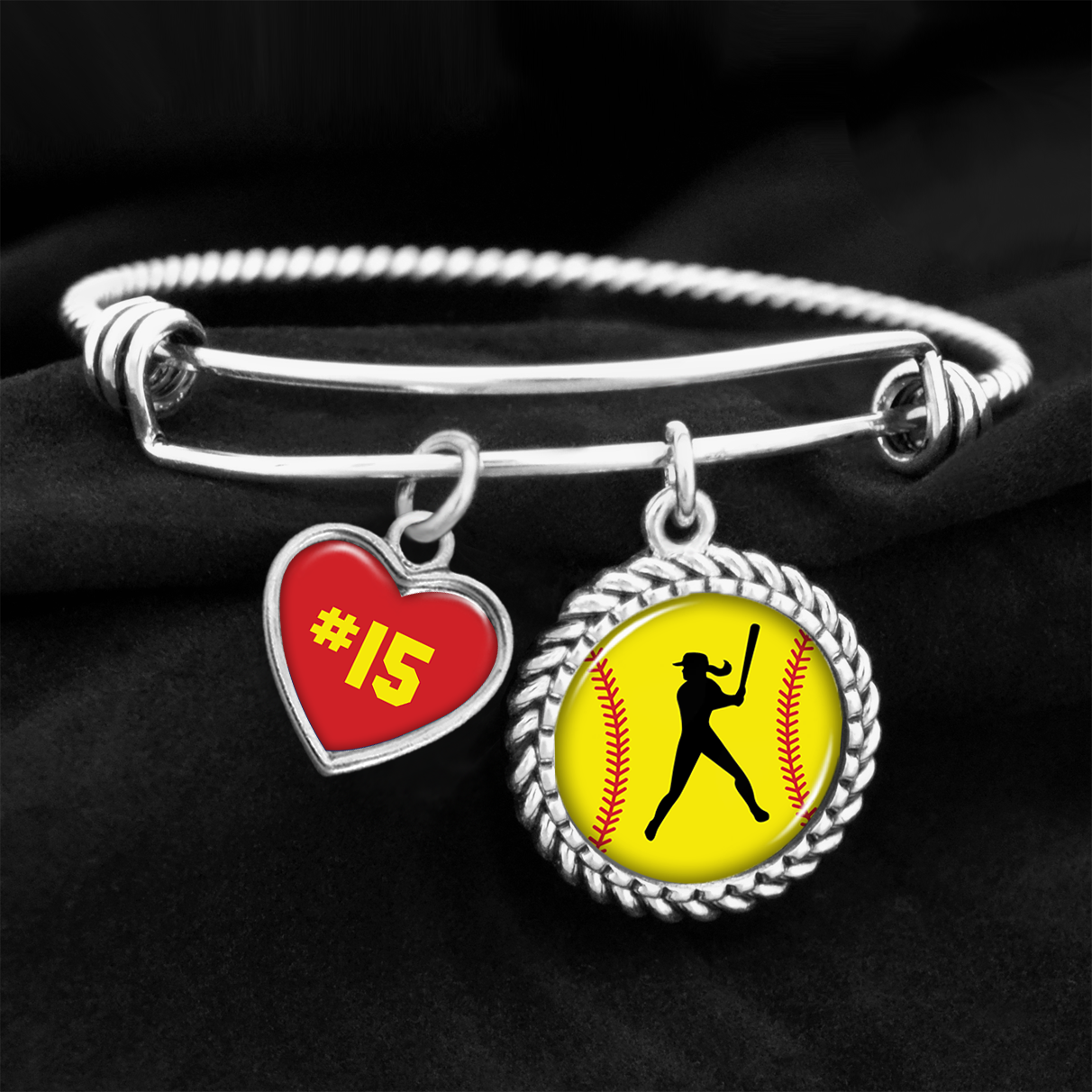 Customizable Softball Player Heart Charm Bracelet
