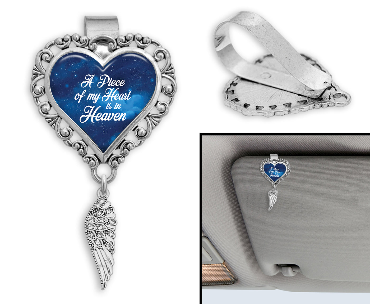 A Piece Of My Heart Is In Heaven Starry Sky Crystal Wing Heart Auto Visor Clip
