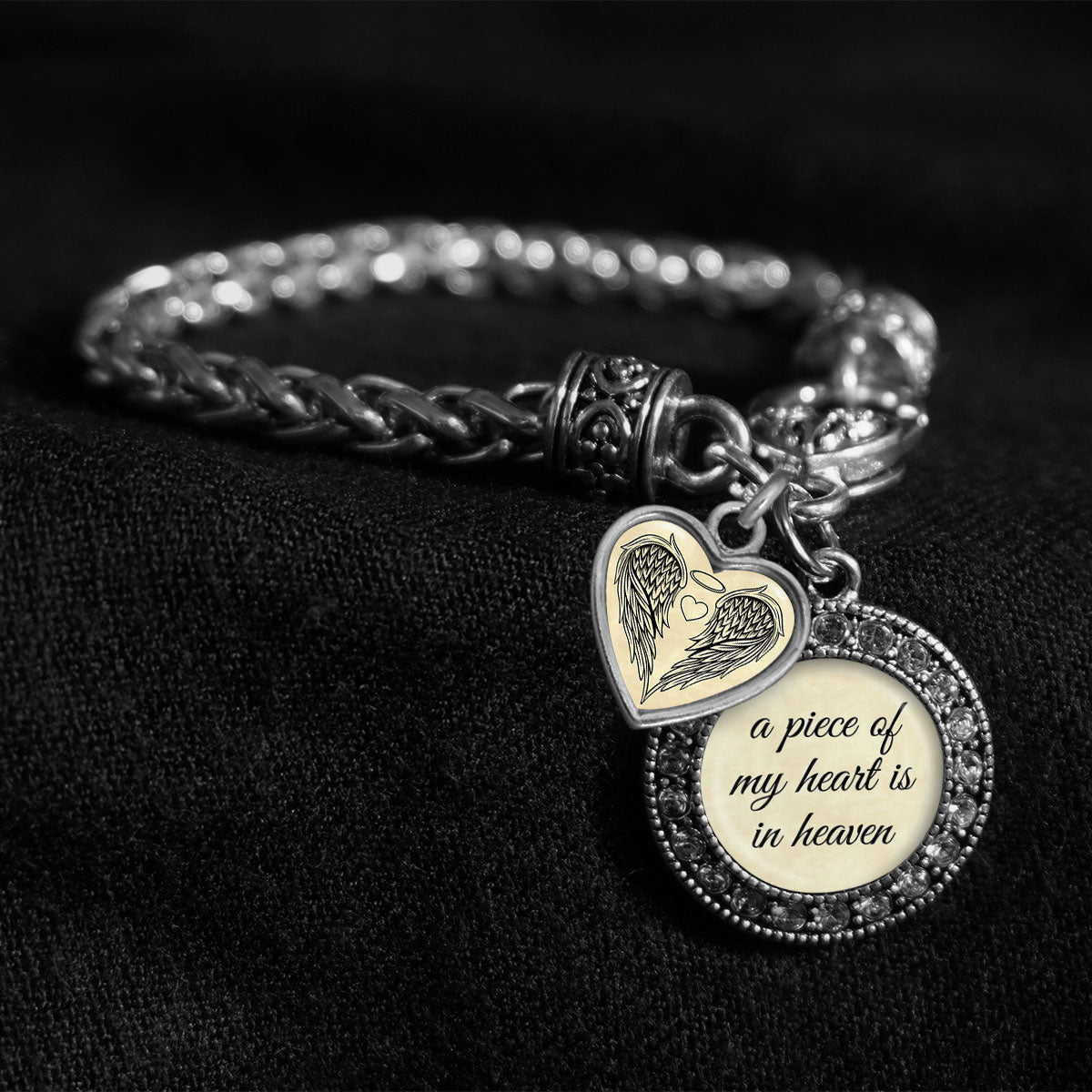 A Piece Of My Heart Is In Heaven Silver Braided Clasp Charm Bracelet