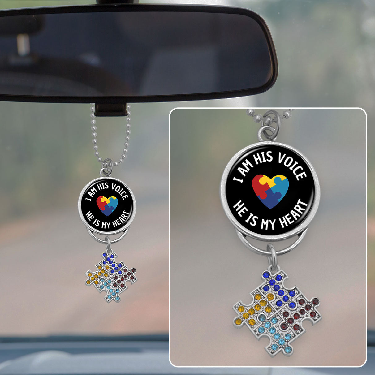 I Am His Voice Crystal Puzzle Pieces Autism Awareness Rearview Mirror Charm