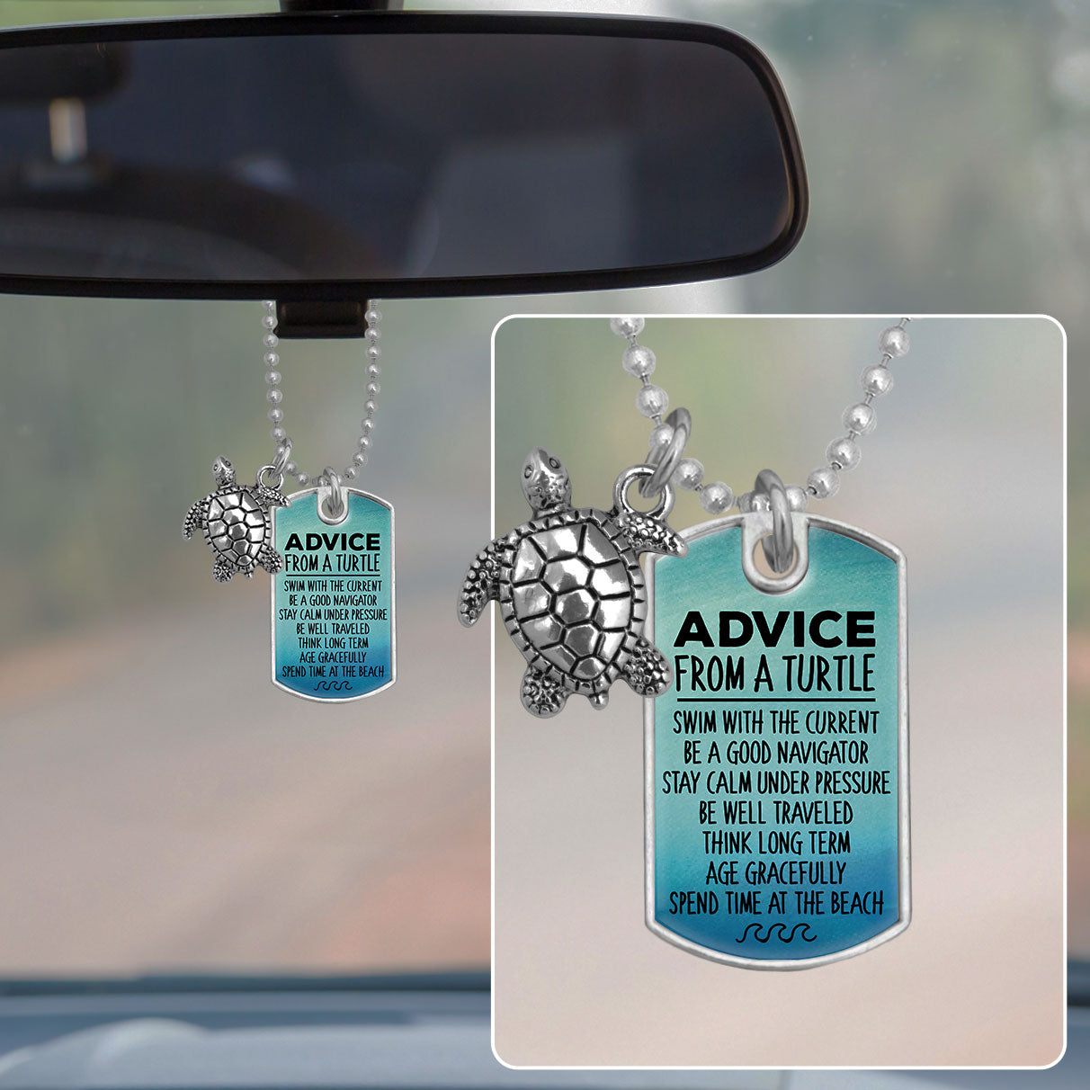 Advice From A Turtle Dog Tag Rearview Mirror Charm