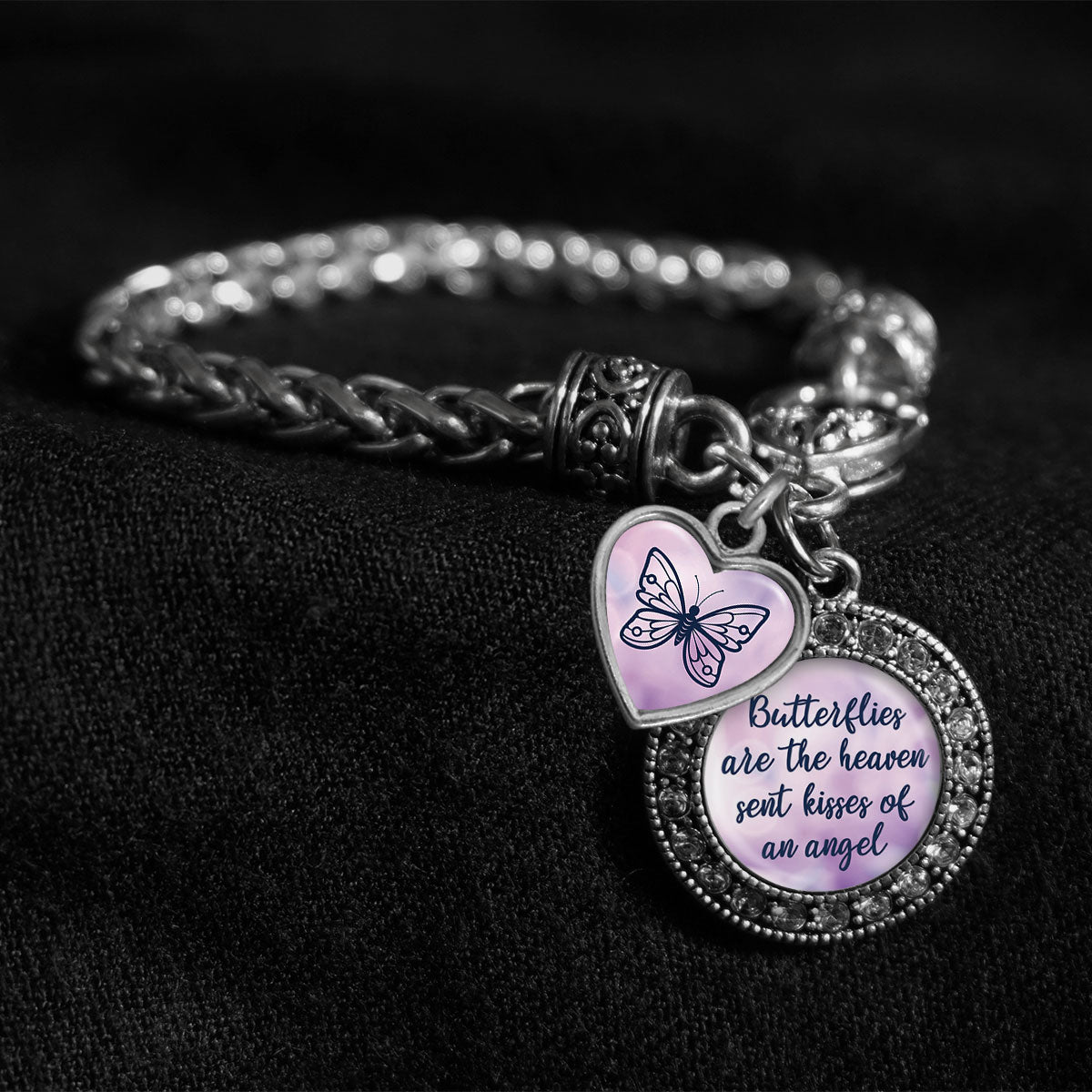 Butterflies Are The Heaven Sent Kisses Of An Angel Silver Braided Clasp Charm Bracelet