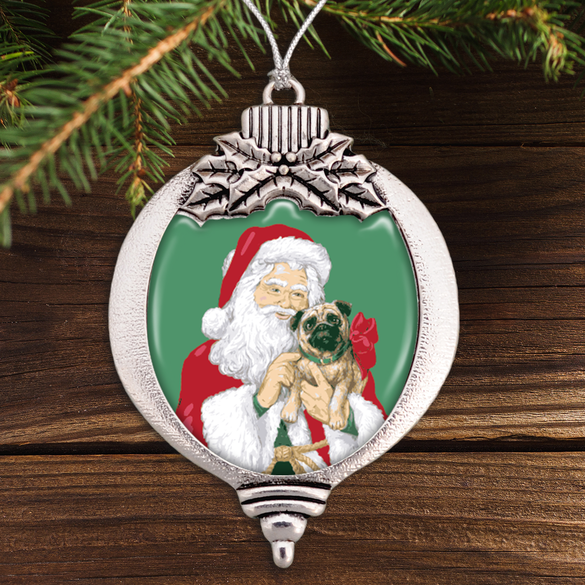 Santa And Pug Bulb Ornament