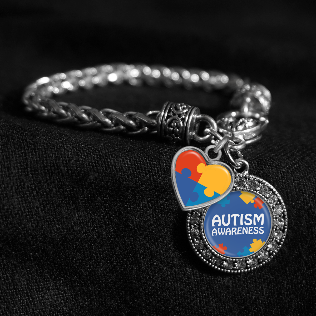 Autism Awareness Silver Braided Clasp Charm Bracelet