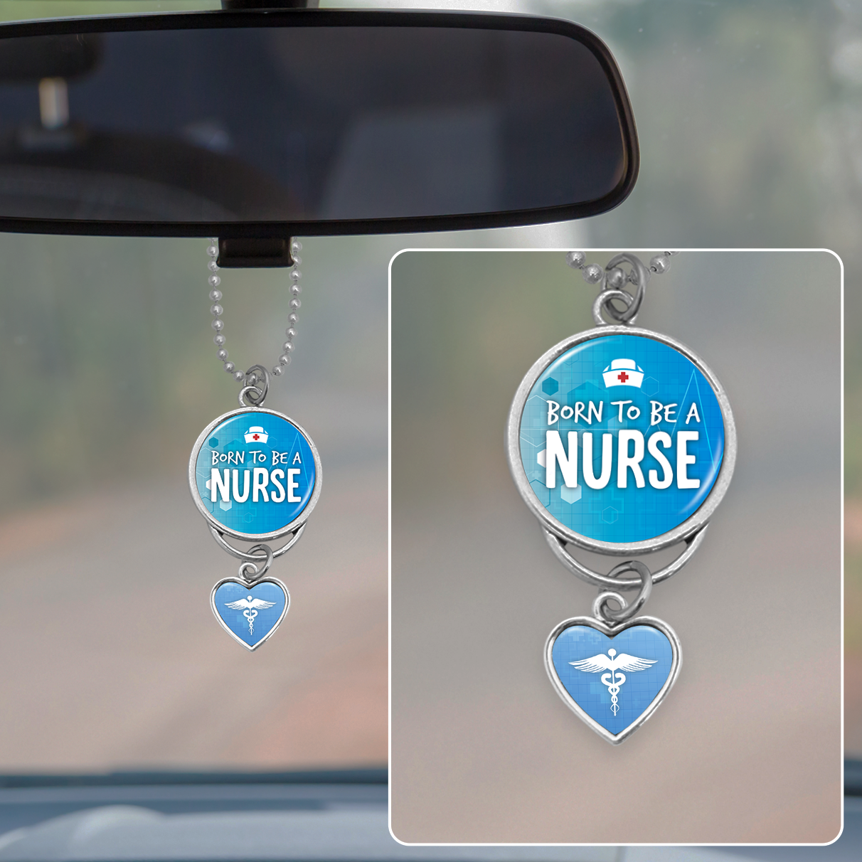 Born To Be A Nurse Light Blue Rearview Mirror Charm