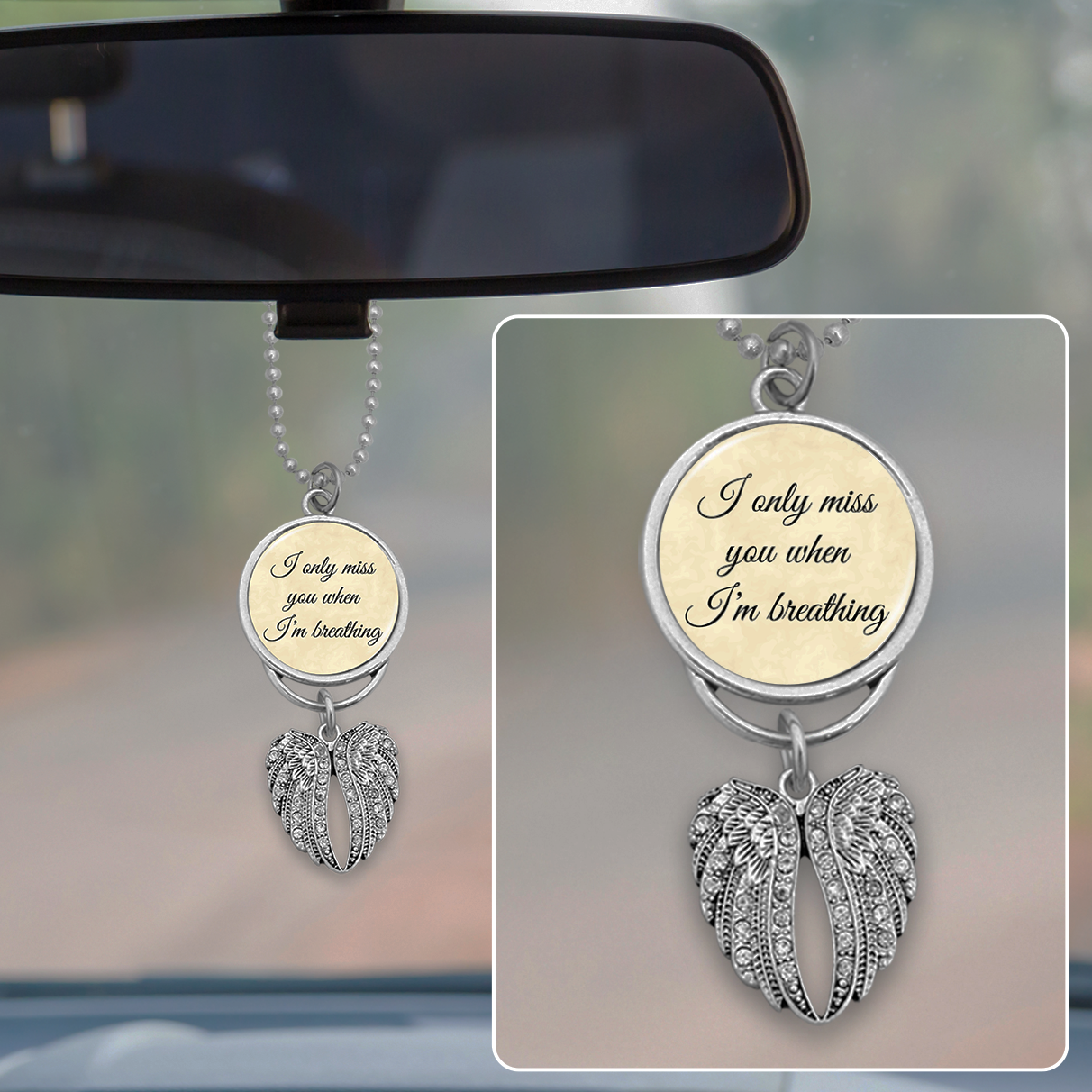 Miss You When Breathing Angel Wings Rearview Mirror Charm