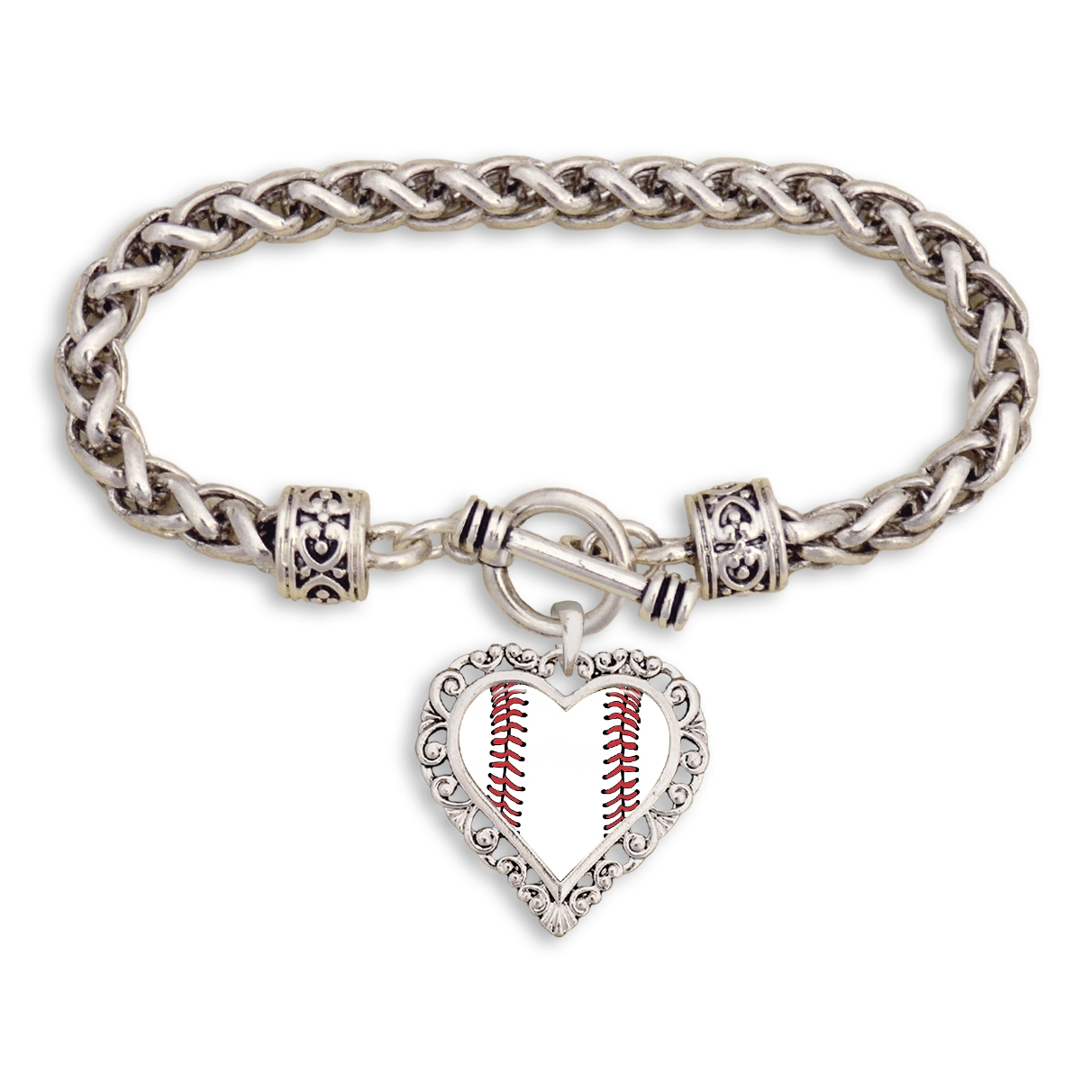 Baseball Heart Silver Braided Toggle Bracelet