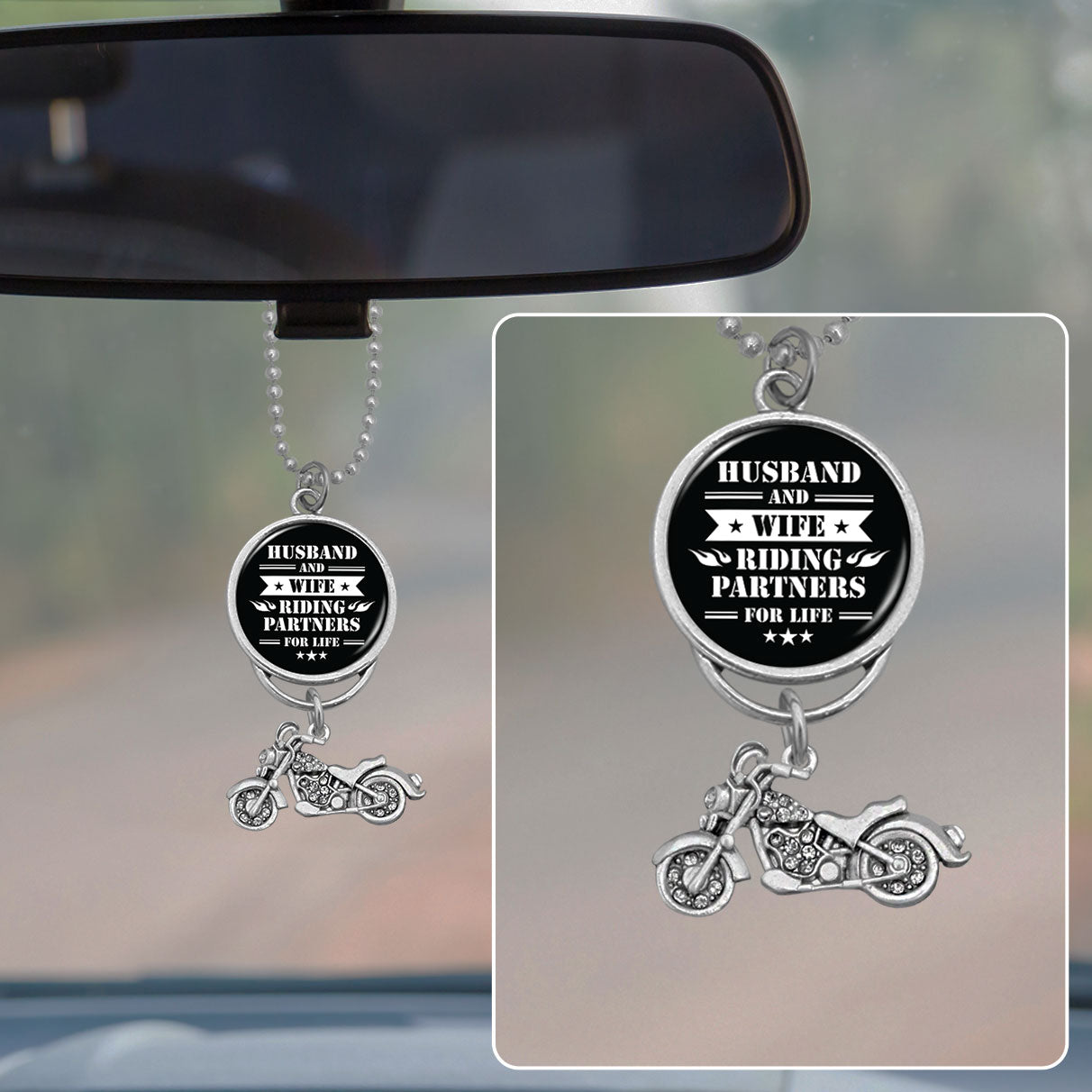 Husband And Wife Riding Partners For Life Rearview Mirror Charm