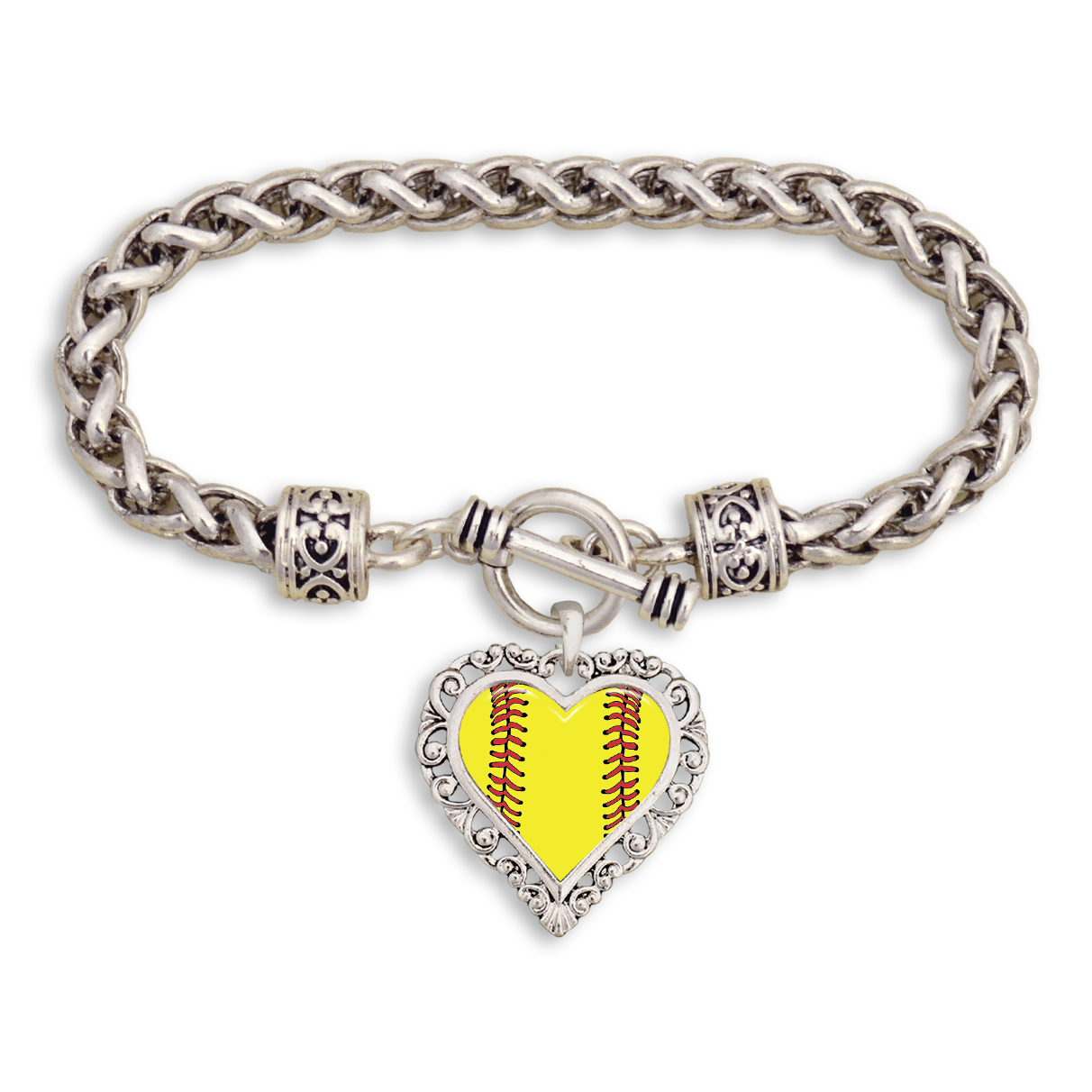 Softball Heart Silver Braided Toggle Bracelet
