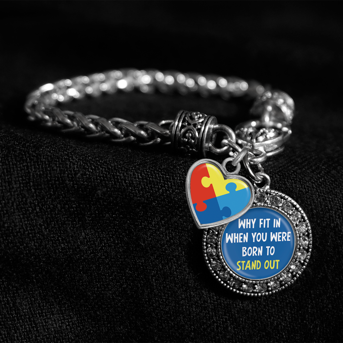 Why Fit In When You Were Born To Stand Out Autism Awareness Silver Braided Clasp Charm Bracelet