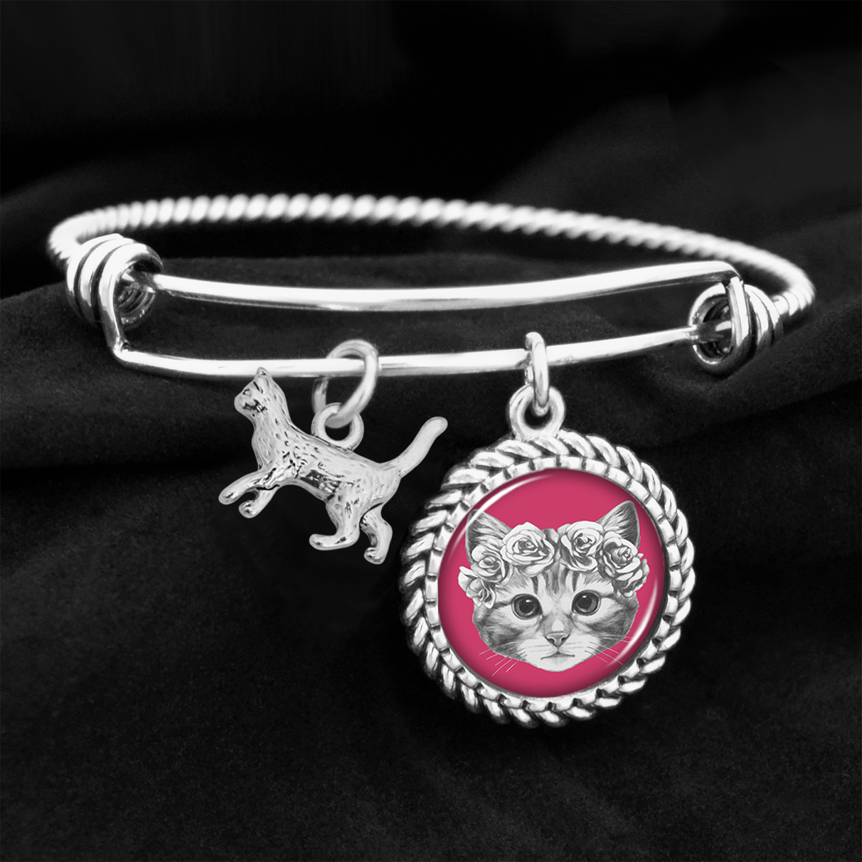 Rose Crowned Cat Charm Bracelet