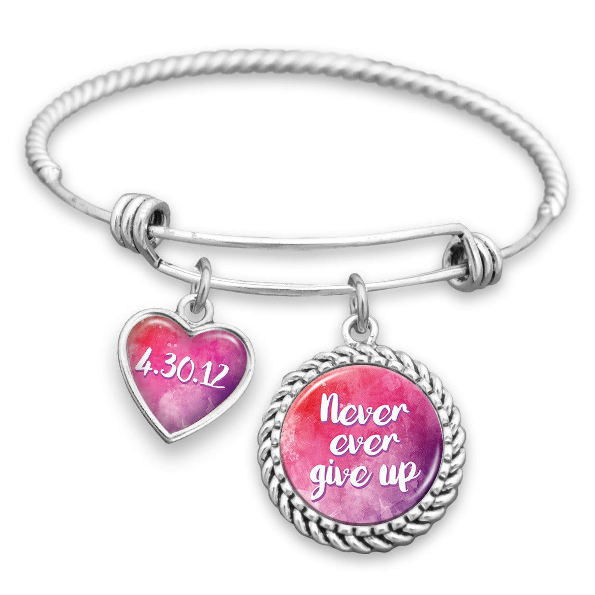 Never Ever Give Up Personalized Sobriety Date Charm Bracelet