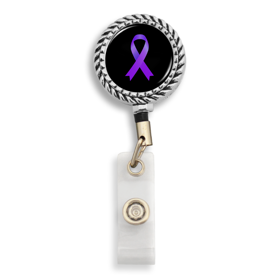 Pancreatic Cancer Awareness Ribbon Badge Reel. Silver plated braided charm with cancer awareness ribbon  symbol in purple color on a black background. It also has retractable badge reel made from tarnish free metal.
