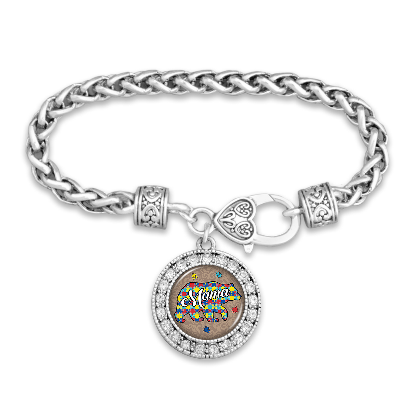 Autism Awareness Mama Bear Silver Braided Bracelet