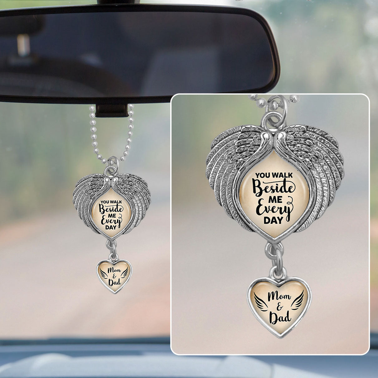 Mom and Dad You Walk Beside Me Wings Rearview Mirror Charm