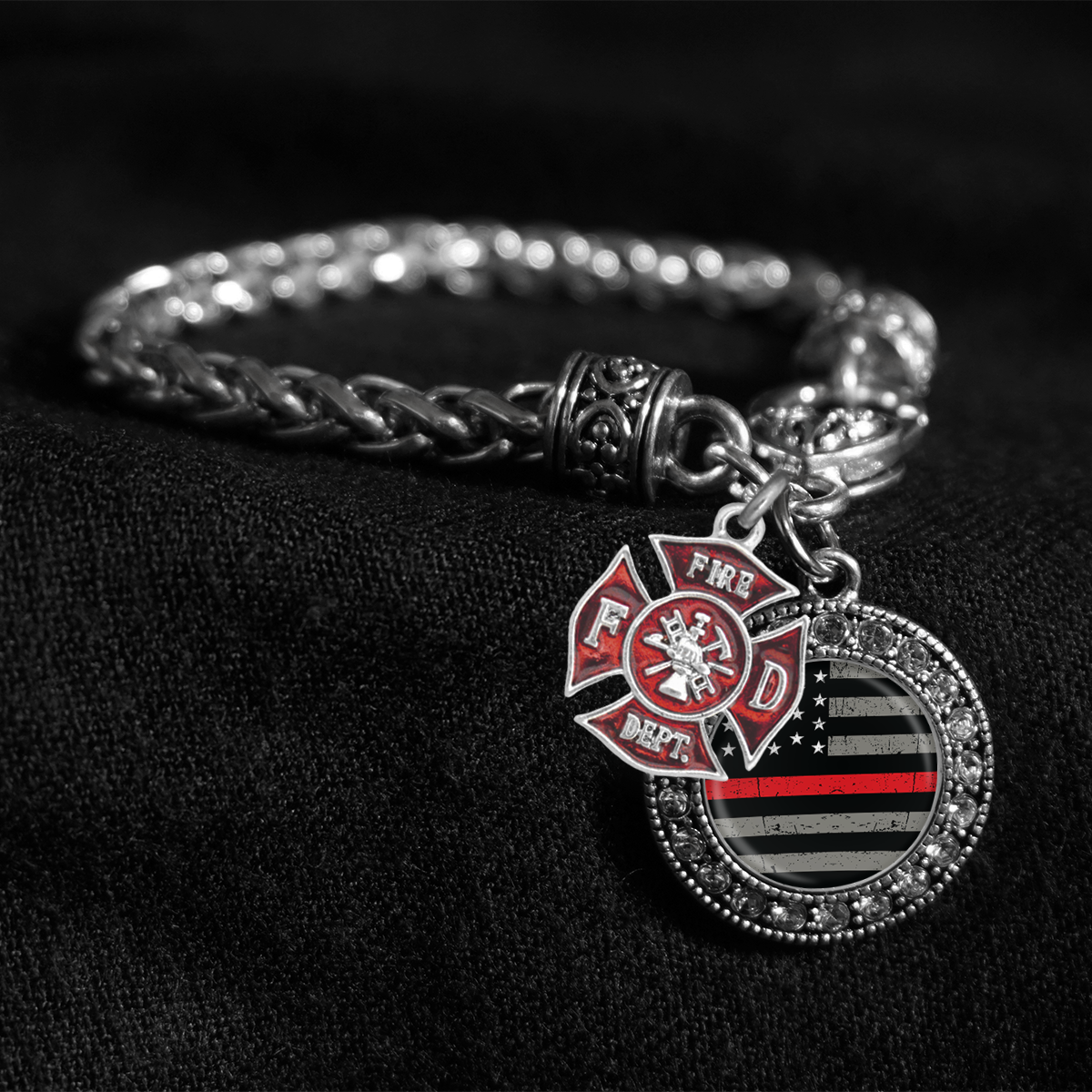 Thin Red Line Flag Silver Braided Clasp Charm Bracelet