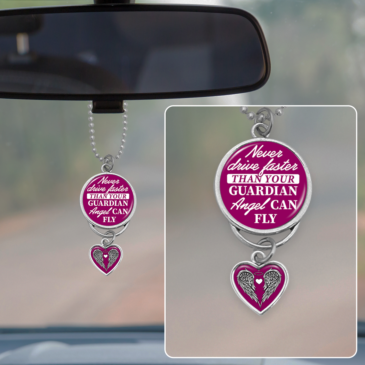 Never Drive Faster Than Your Guardian Angel Rearview Mirror Charm
