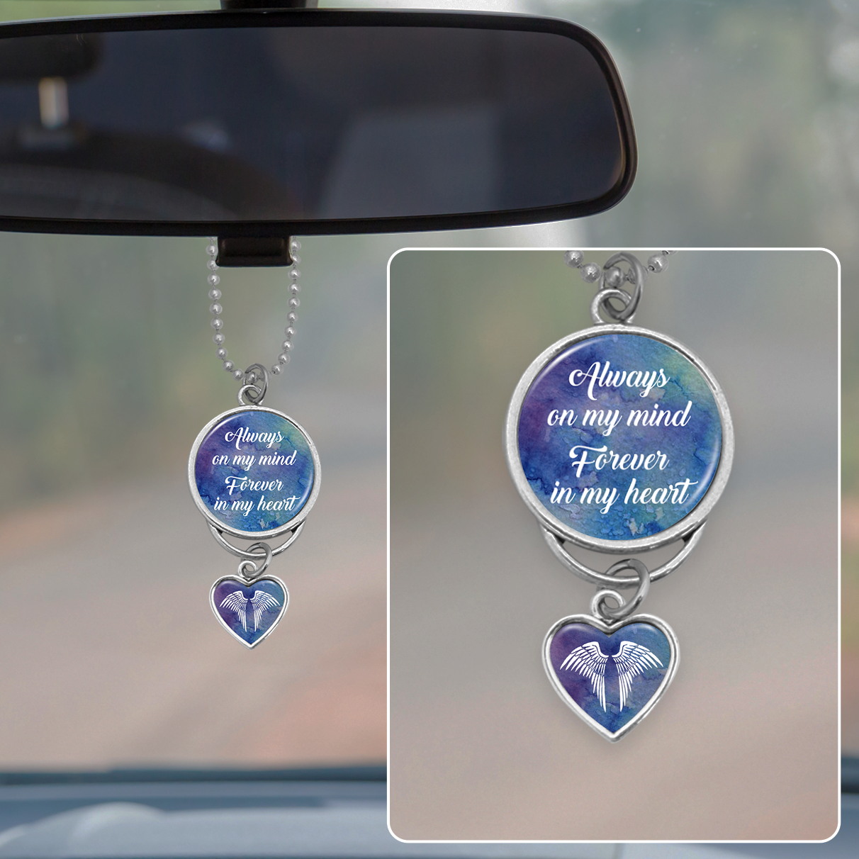 Always On My Mind Blue Watercolor Rearview Mirror Charm