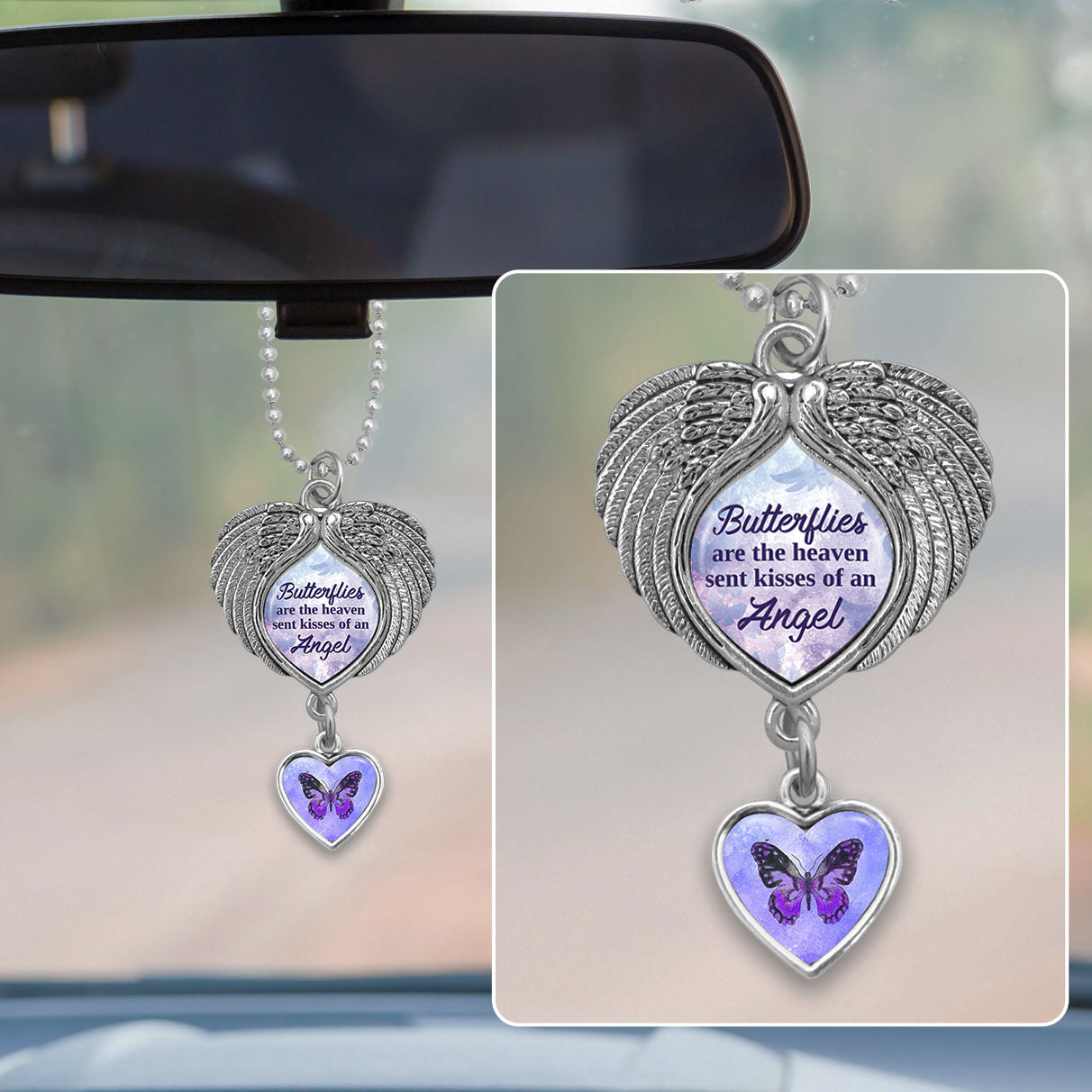 Butterflies Are The Heaven Sent Kisses Of An Angel Purple Wings Rearview Mirror Charm