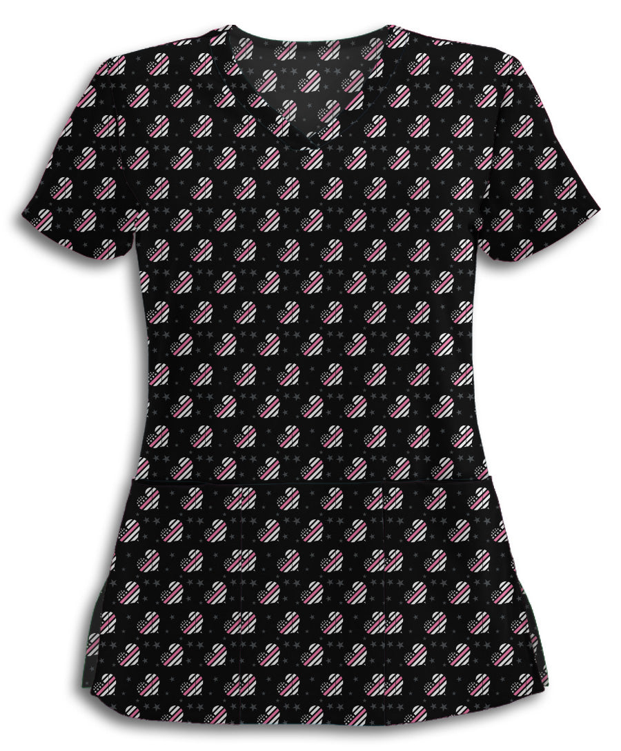 Breast Cancer Awareness Thin Pink Line Hearts Scrub Top