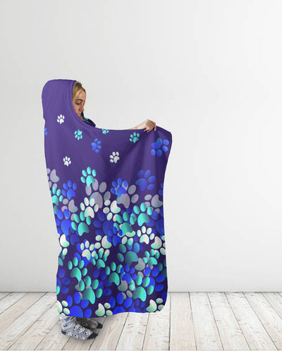 Purple, Teal & Blue Ombre Flying Paw Prints Hooded Blanket