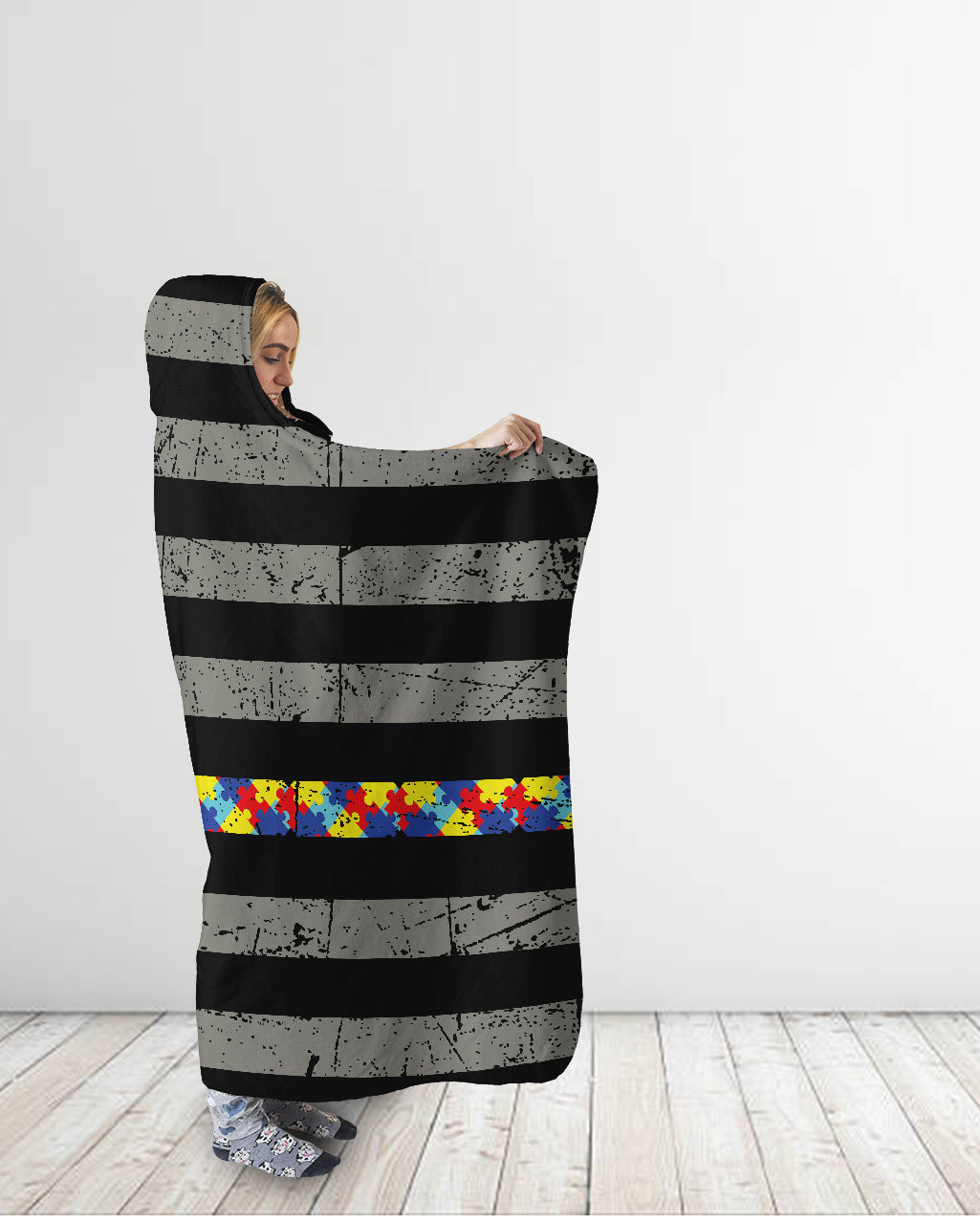 Thin Puzzle Line Autism Awareness Hooded Blanket