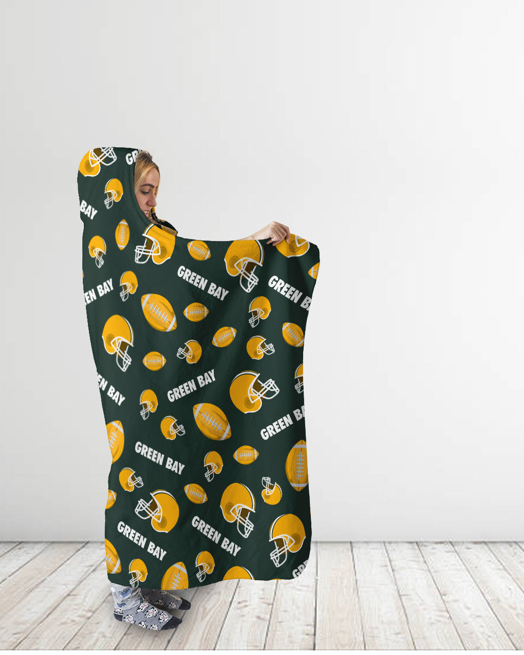Green Bay All-Over Football Print Hooded Blanket