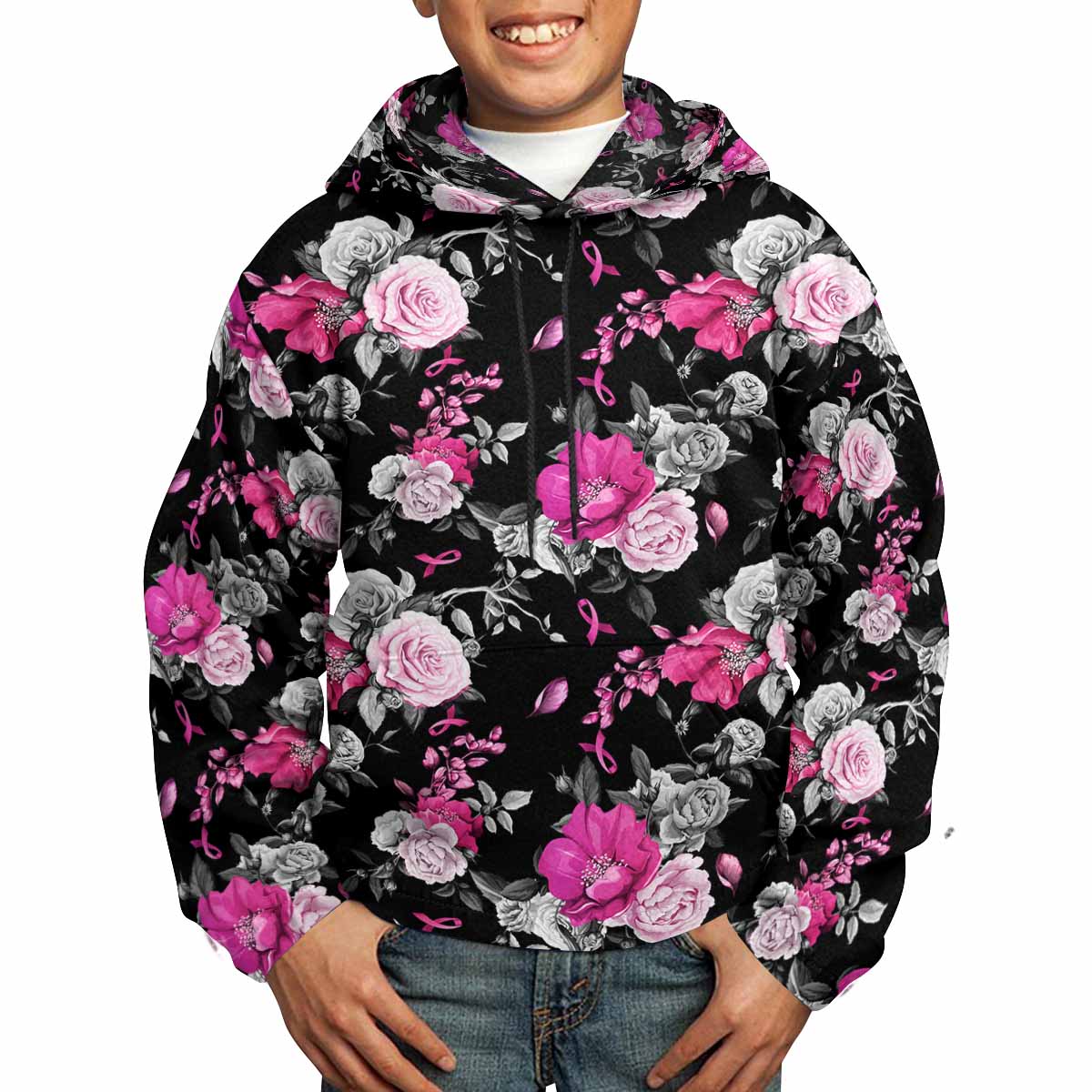 Breast Cancer Awareness Floral Ribbons All Over Print Kids Hoodie