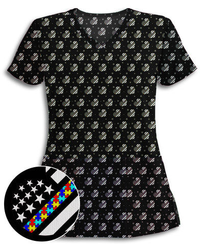 Autism Awareness Thin Puzzle Line Hearts Scrub Top