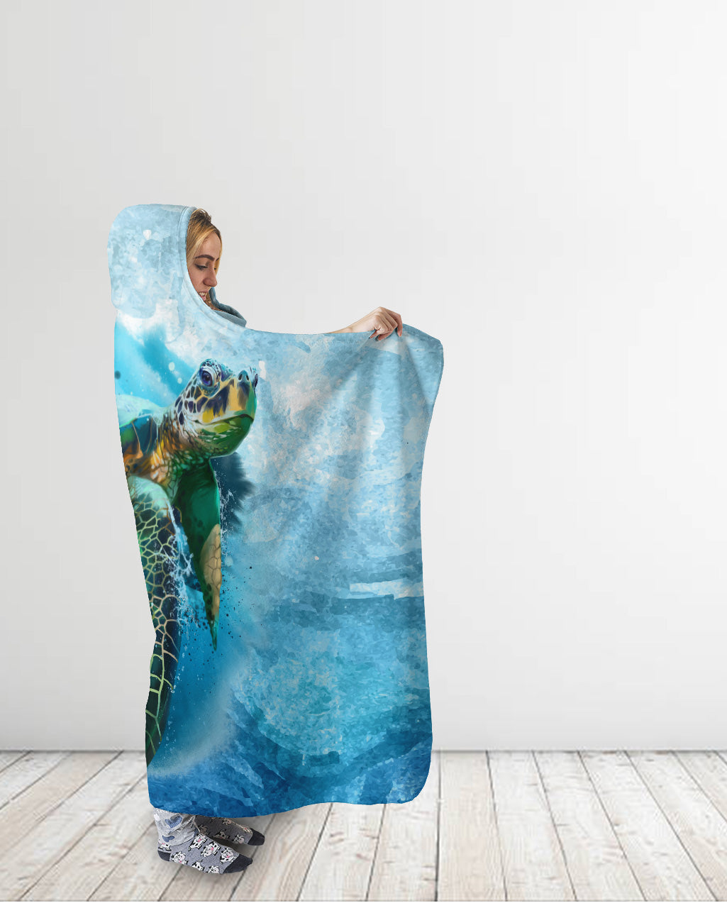Swimming Sea Turtle Watercolor Hooded Blanket