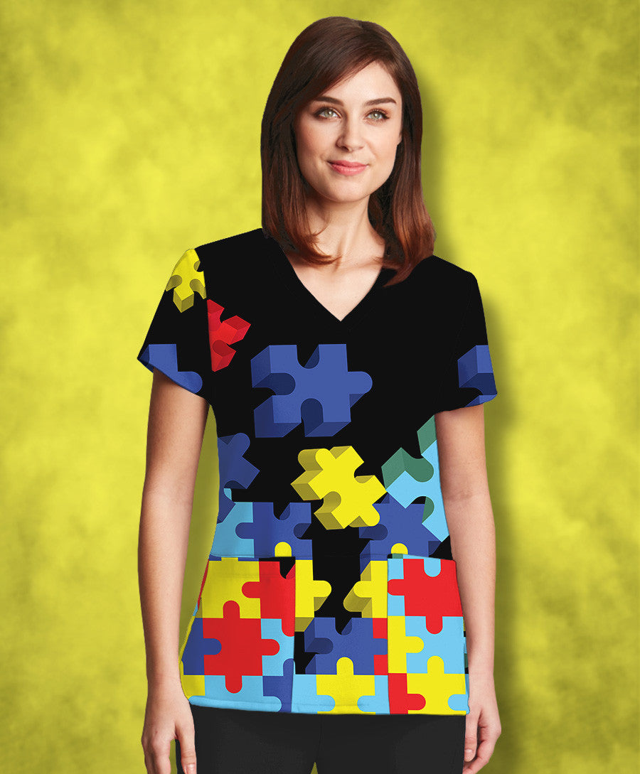 Autism Awareness Flying Puzzle Pieces Scrub Top