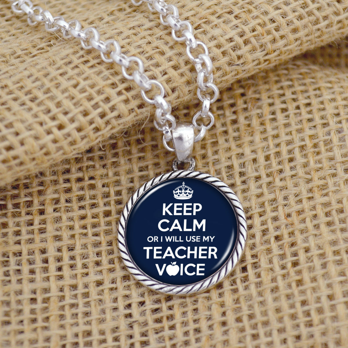 "Keep Calm Or I Will Use My Teacher Voice" Round Twisted Rope Necklace